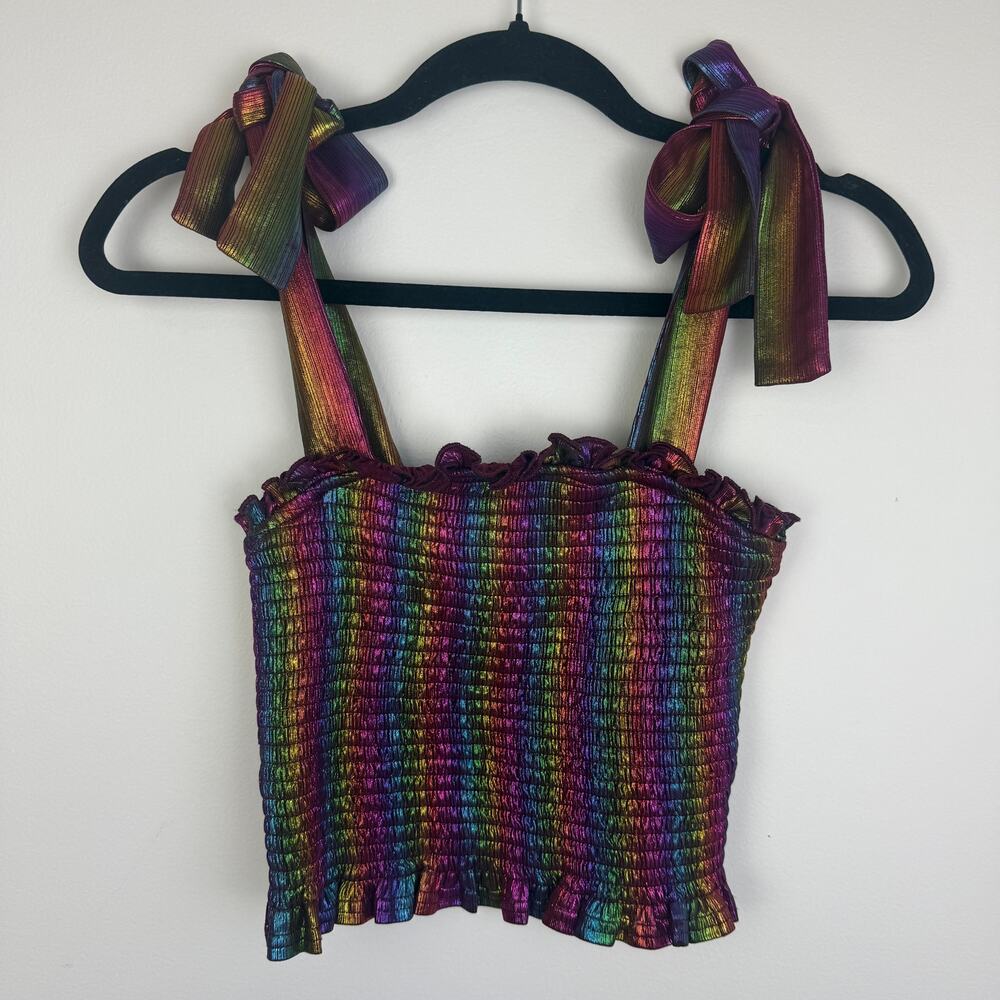 TCEC Womens Tie Strap Rainbow Metallic Cropped Smocked Multicolored Top Small